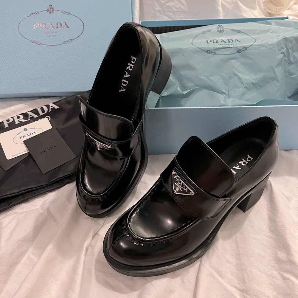 Black Prada loafer style heels size 9